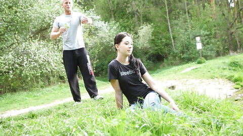 Adorable teen Olga reveals her tiny tits and gets fucked in the woods