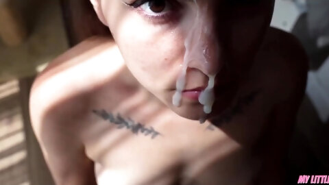 Brunette sucks my cock after he cunt and begs for massive cumshot