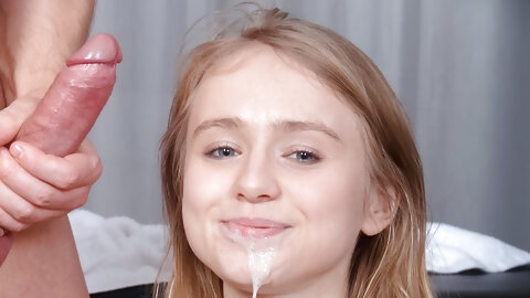Young blonde Lightfairy spills jizz down her chin after anal with her masseur