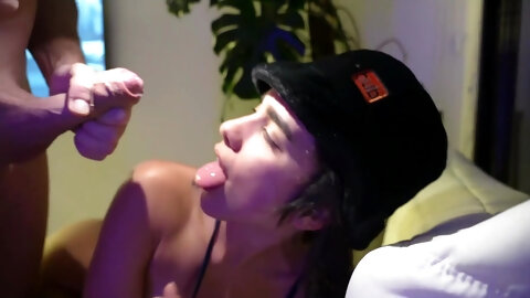 Slim teen hooks up with neighbor and swallows massive cumshot